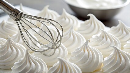 Freshly piped whipped cream with a whisk, ready for a delightful dessert creation.