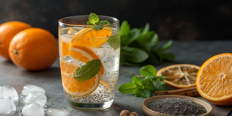 A refreshing drink with oranges, mint, and chia seeds on a textured surface