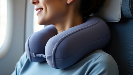 Trtl Pillow. Woman wearing gray travel neck pillow smiling on airplane