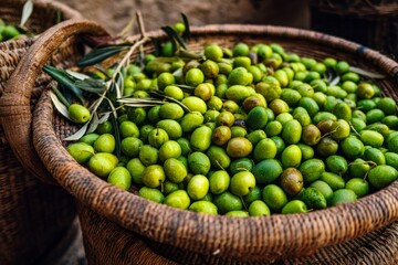 A close-up shot showcases a basket filled with freshly picked green olives and branches.