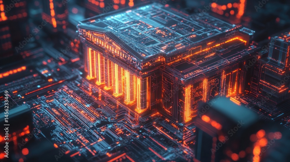 Poster futuristic cityscape with bright neon lights and complex circuit patterns in a digital environment