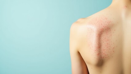Truncal Acne. Red rash on bare back skin closeup, allergy symptom, ski