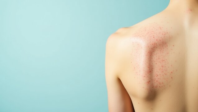 Truncal Acne. Red rash on bare back skin closeup, allergy symptom, ski