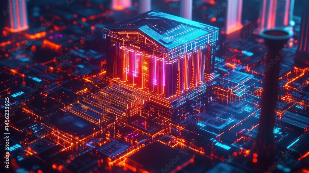 Aufkleber futuristic digital architecture with neon lights and circuitry in abstract technology background