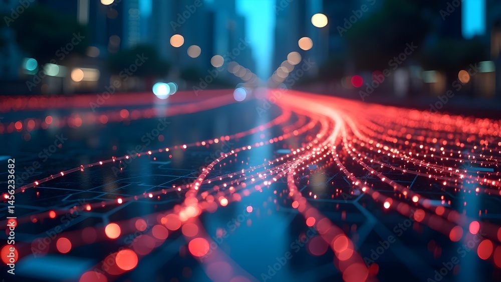 Poster data flow through cityscape: digital network with glowing light signals for futuristic technology