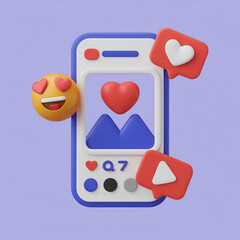 3d rendered social media phone with heart emoji and love reactions concept