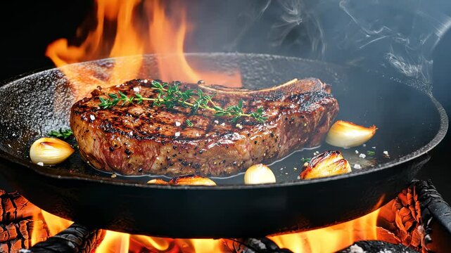 Grilled ribeye steak with thyme and garlic in a cast iron skillet over an open fire