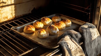 Baking tray coming out of the oven with multiple small round loaves, oven mitts and shadows only (no hands) 