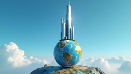 Naklejka premium Global Urbanization Concept: Skyscraper on Earth Globe with Blue Sky and Clouds