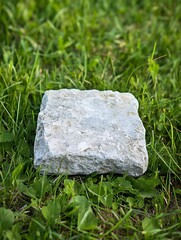A grey stone block resting on a bed of green grass in an outdoor setting on a sunny day background