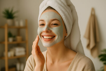 Smiling woman applying facial mask in cozy home bathroom