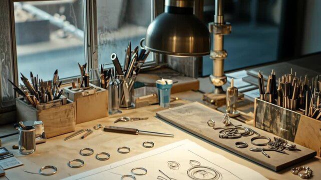 A jewelry designer workspace with sketches and tools on a clean table. digital