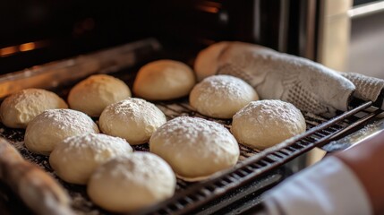Baking tray coming out of the oven with multiple small round loaves, oven mitts and shadows only (no hands) 