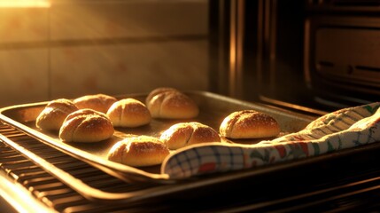 Baking tray coming out of the oven with multiple small round loaves, oven mitts and shadows only (no hands) 