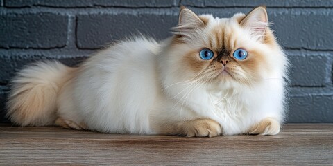 A fluffy cat with striking blue eyes poses elegantly on a wooden surface. This charming feline showcases beautiful colors and features around a modern backdrop. Perfect for pet lovers. AI