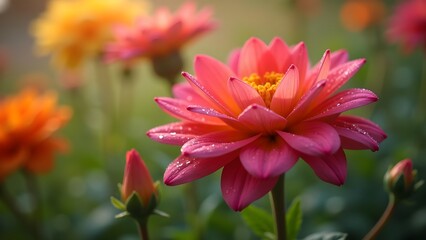 Close-up of a Vibrant Pink Dahlia Flower with Dew Drops in a Lush Garden Setting