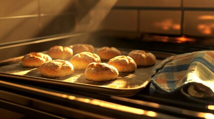 Baking tray coming out of the oven with multiple small round loaves, oven mitts and shadows only (no hands) 