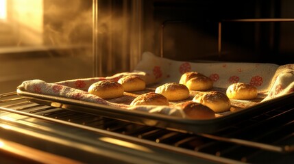 Baking tray coming out of the oven with multiple small round loaves, oven mitts and shadows only (no hands) 