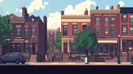 Obraz premium Pixelated vintage residential city street with brownstones and trees evocative of bygone eras and urban neighborhood charm