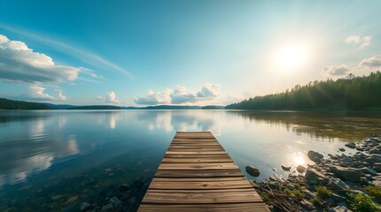 Obraz premium Serene lake view, wooden pier stretching into calm water, mirror-like reflections, vibrant sunset sky, fluffy clouds, lush green shoreline, golden hour lighting, tranquil atmosphere, wide-angle landsc