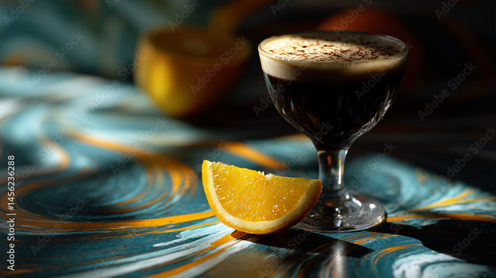 Poster espresso martini with an orangeness slice in front of a swirly desktop