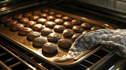 Baking tray coming out of the oven with multiple small round loaves, oven mitts and shadows only (no hands) 