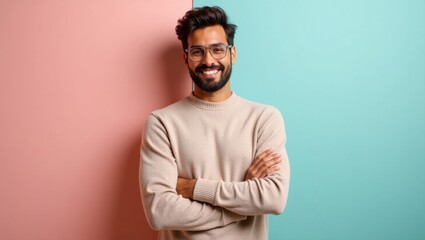 Fototapeta premium Tufting. Smiling man with glasses beige sweater crossed arms pastel wa