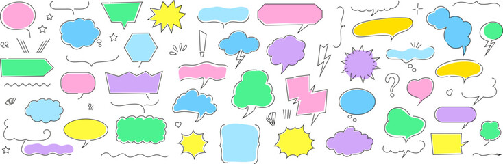 Colorful hand-drawn vector collection of comic speech and thought bubbles in various shapes and styles, ideal for pop art designs, communication themes, and playful illustrations.