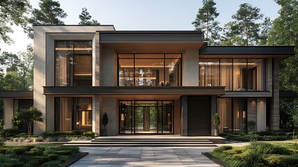 Sophisticated luxury home front with elegant lights high resolution photo