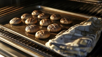 Baking tray coming out of the oven with multiple small round loaves, oven mitts and shadows only (no hands) 