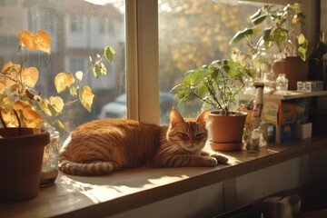 Relaxing ginger cat in sunlit window cozy indoor setting photography natural light peaceful mood