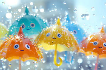 カラフルな可愛い傘と水滴（3D）-1