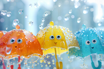 カラフルな可愛い傘と水滴（3D）-1