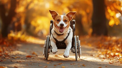 Joyful dog in wheelchair racing through autumn park captivating animal moment beautiful nature scene upbeat perspective