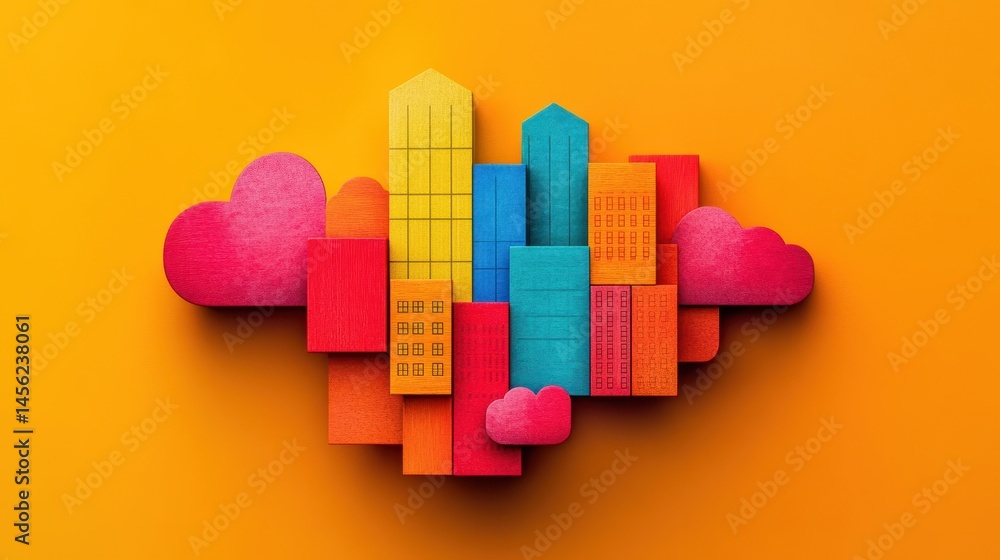Poster abstract cityscape concept with vibrant 3d blocks heart shape illustration with cheerful modern desi