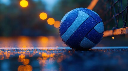 Wet ball resting on a rainy court under city lights