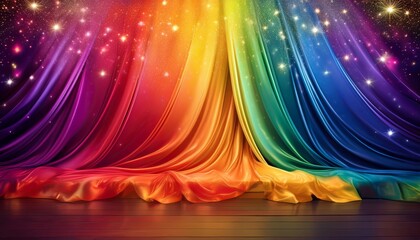 Vibrant, colorful stage curtains with a rainbow gradient and sparkling stars, creating a magical and festive atmosphere.