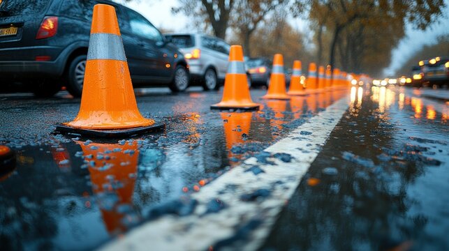 Wet road, traffic cones, and cars in a city street.  Rainy day
