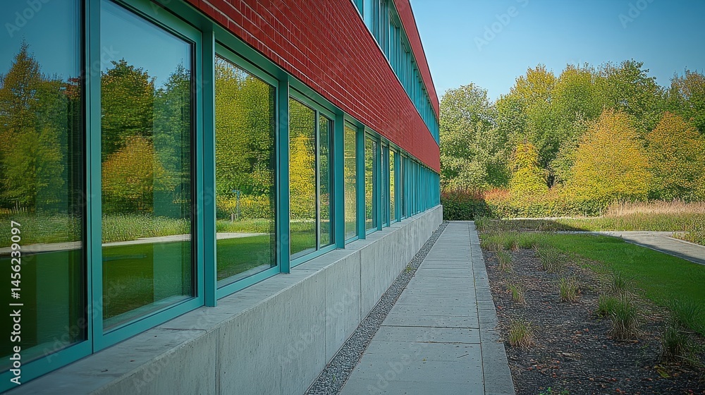 Poster modern building with reflection of lush greenery in large windows merging architecture with nature f