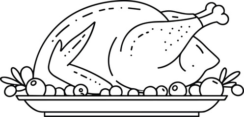 Thanksgiving Roast Turkey Line Art Vector – Traditional Holiday Dinner Illustration