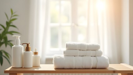 Stack of white towels and personal care items on a wooden table in a bright, minimalist bathroom.