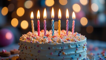Birthday cake with candles, bright lights bokeh.