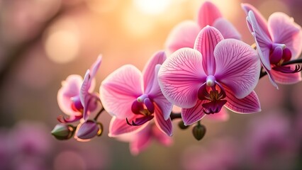 Delicate pink orchid flowers in soft sunlight create a serene and graceful botanical still life.