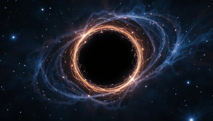 Black hole over star field in outer space, abstract space wallpaper with form of letter O and sparks of light with copy space.
