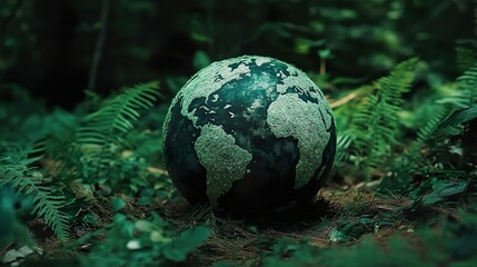 Glass Earth covered in green moss placed in a lush forest