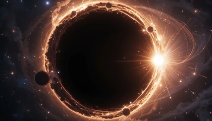 Black hole over star field in outer space, abstract space wallpaper with form of letter O and sparks of light with copy space.