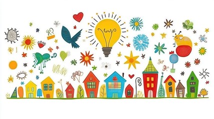 Obraz premium Whimsical townscape illustration with vibrant houses and creative light bulb a burst of imagination for vibrant creative designs
