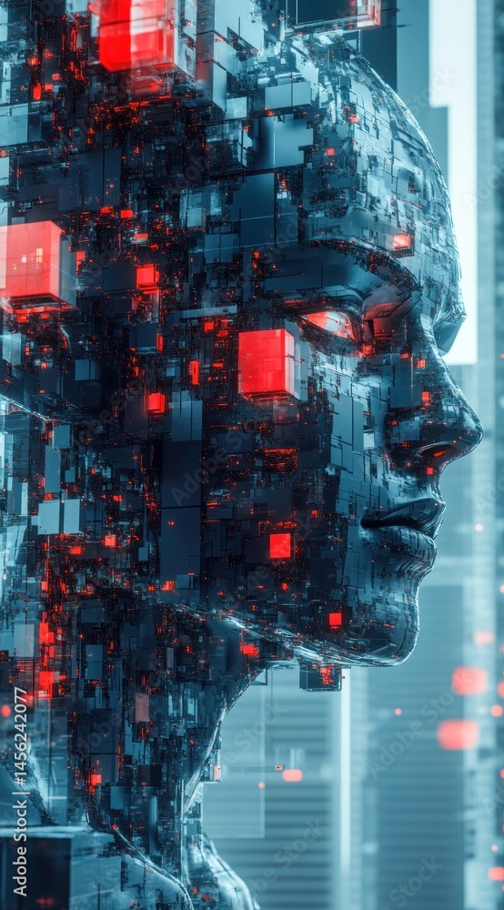 Aufkleber futuristic human face in high-tech environment with abstract digital blocks and bright red highlight