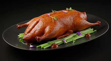 Handdoek met foto Peking Delicious roasted peking duck dish with green onions garnish eat food meat high meal plate asian  © KingWhite