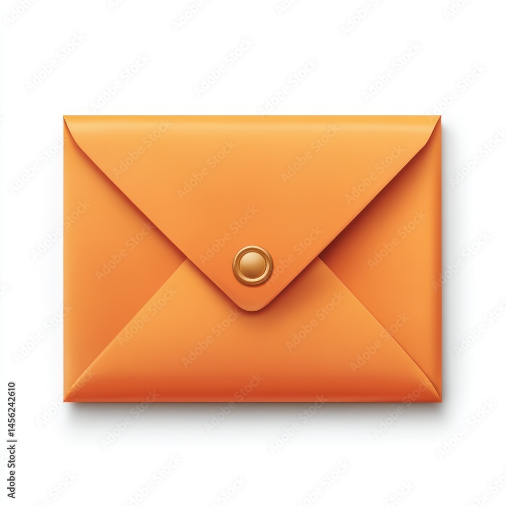 Poster bright orange envelope with circular fastener on a minimalistic white background for artistic and cr
